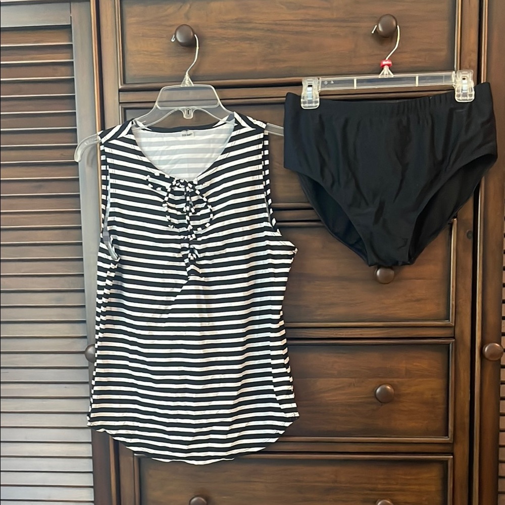 Black and White Striped Nylon/Spandex Tank Top and High Waist Bikini Bottoms Set